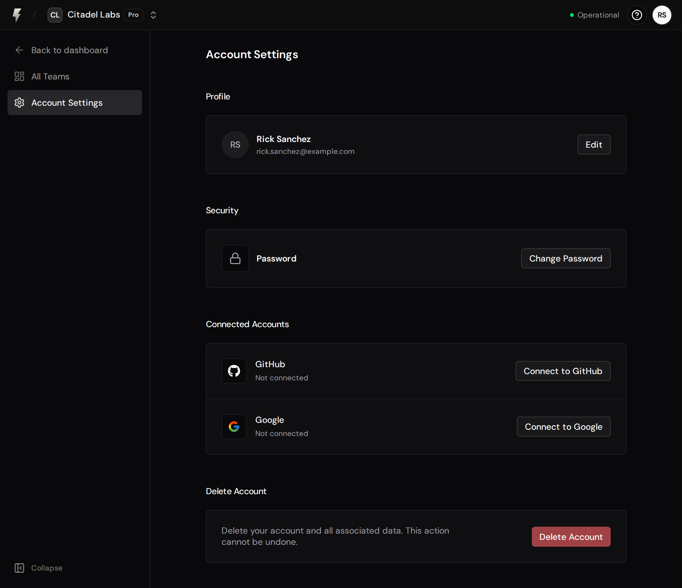 Account Settings page showing Profile, Security, Connected Accounts, and Delete Account sections