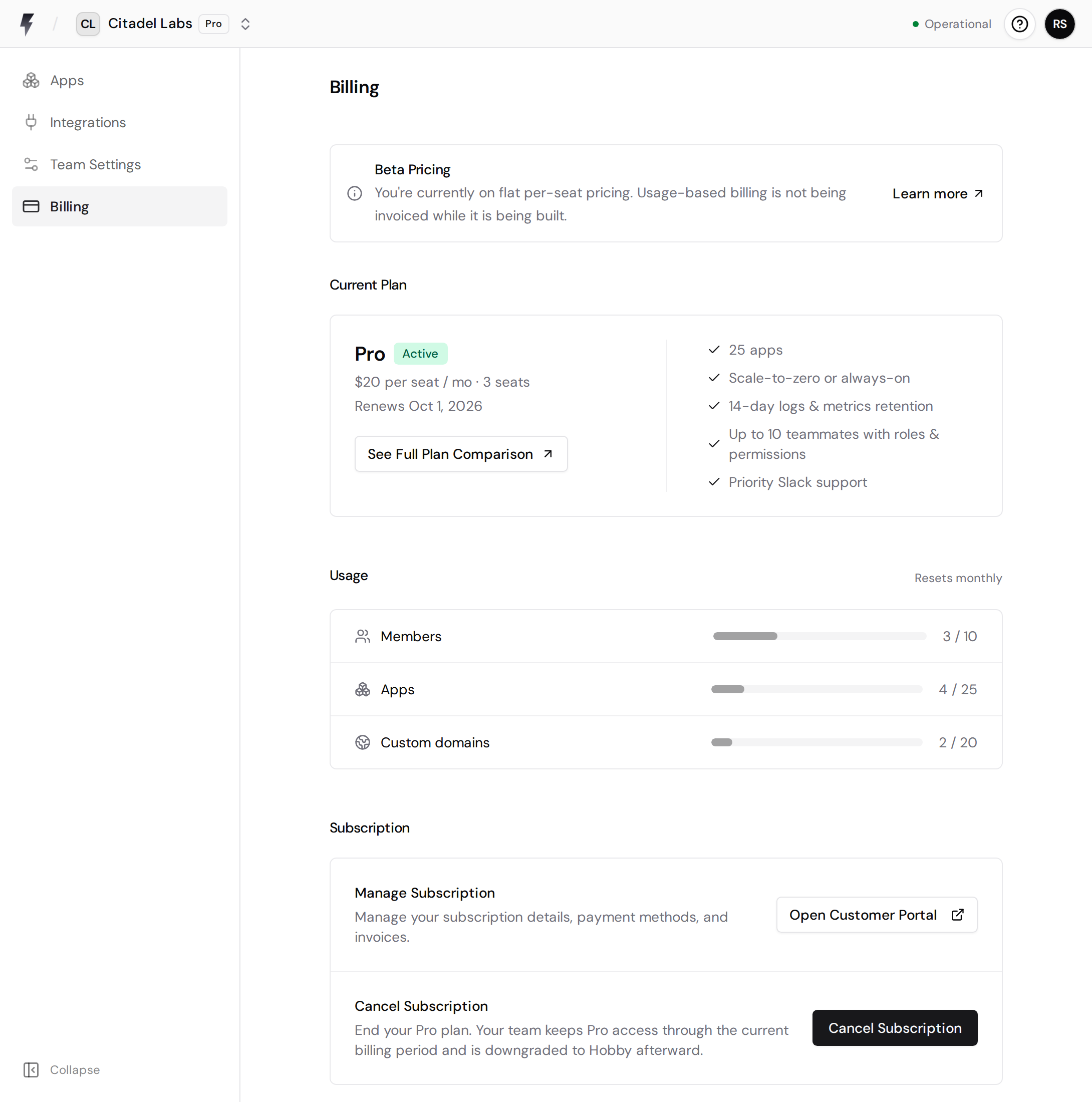 Billing page showing the current Pro plan, resource usage, Open Customer Portal, and Cancel Subscription controls