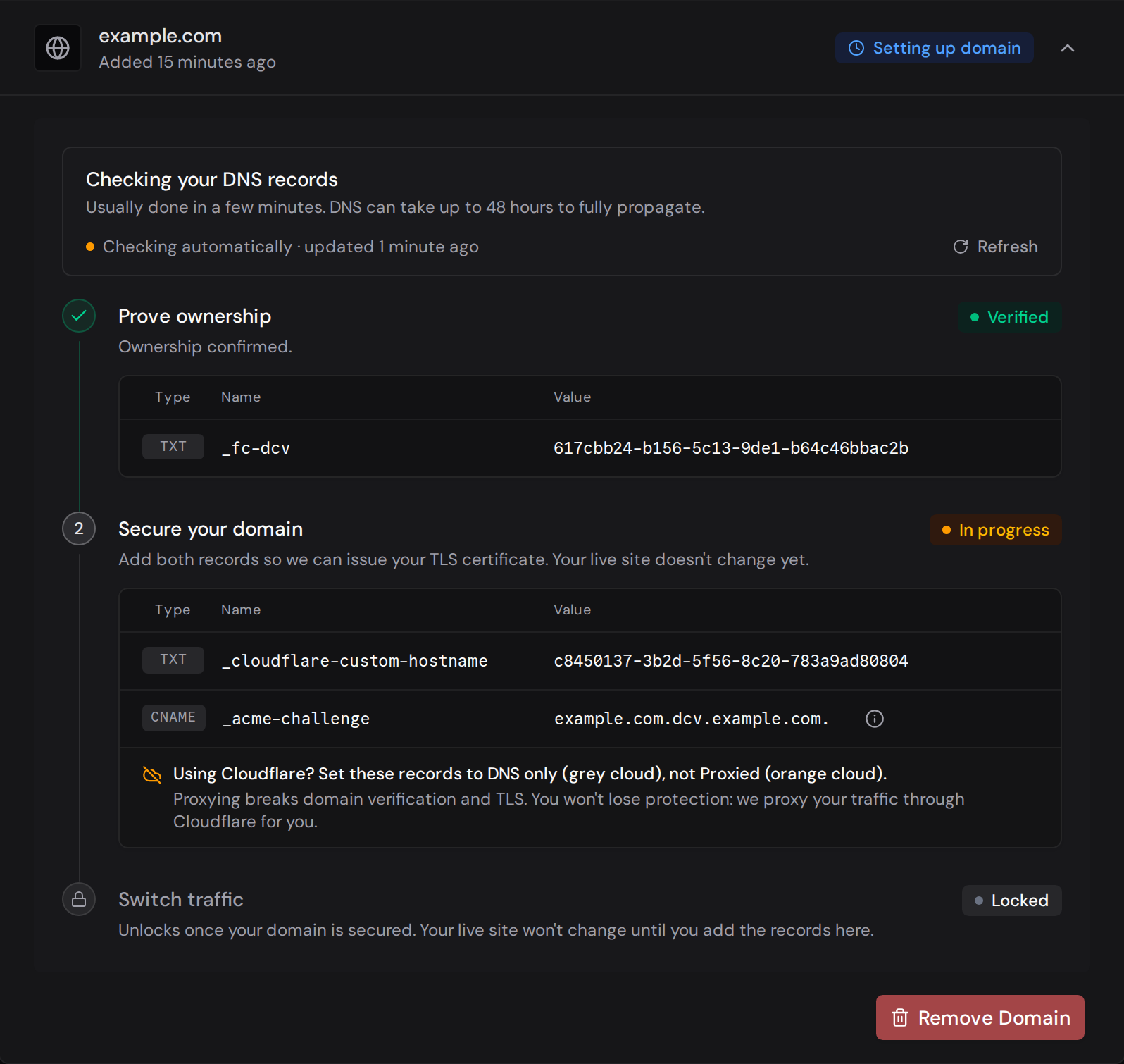 Zero Downtime Migration with ownership verified, certificate setup in progress, and traffic switching locked