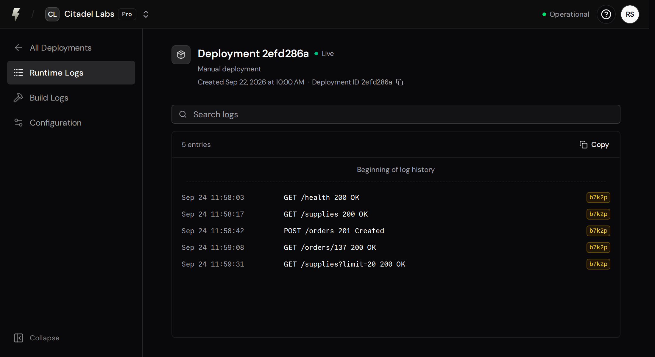 Live deployment detail with Runtime Logs selected and successful HTTP requests
