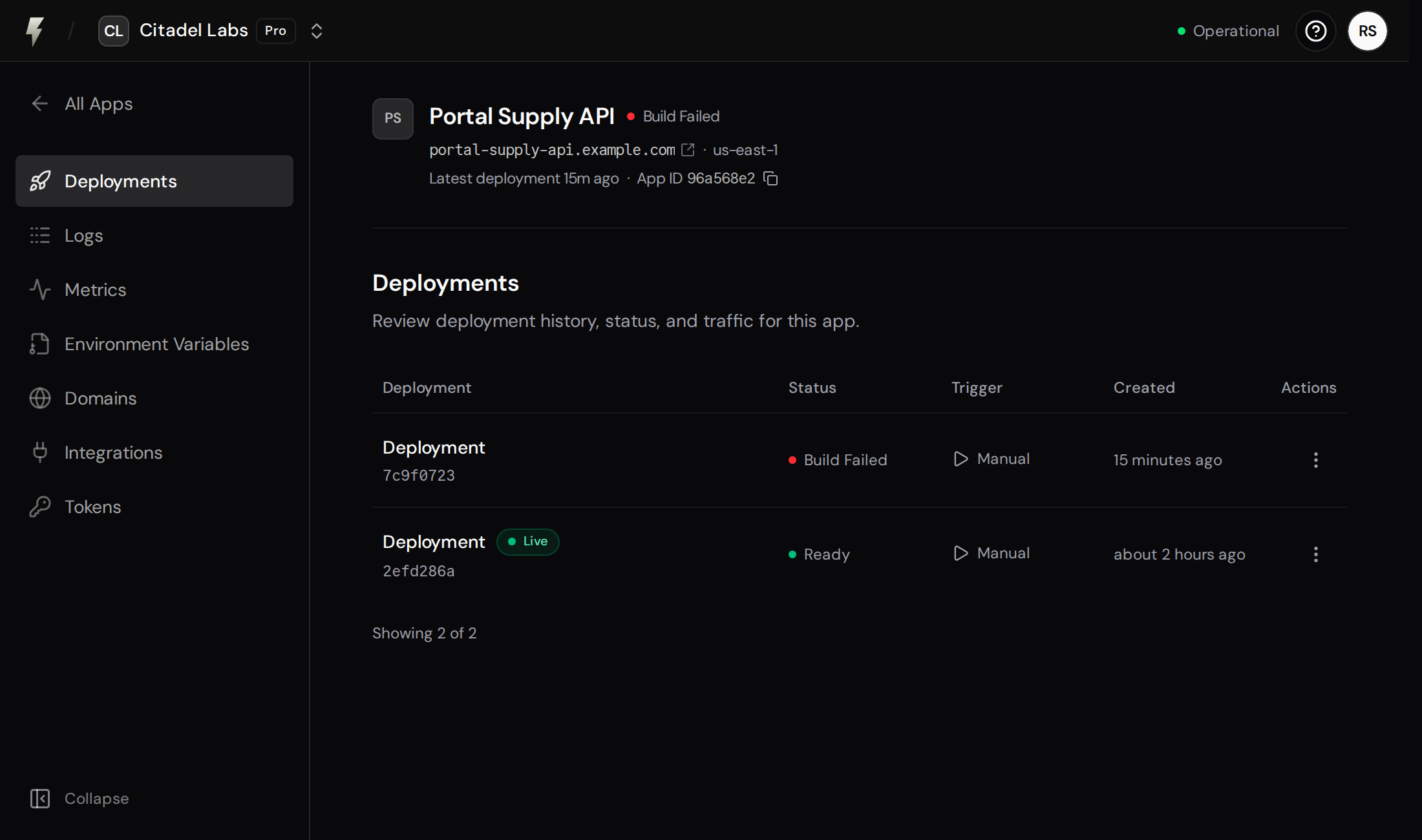 Deployment history showing a failed build and an older ready deployment still serving traffic with the Live badge