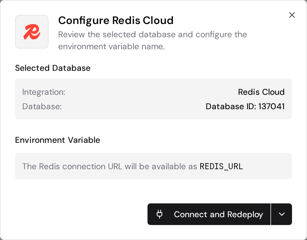 Redis Cloud confirmation dialog with the selected database, environment variable, and Connect and Redeploy button.