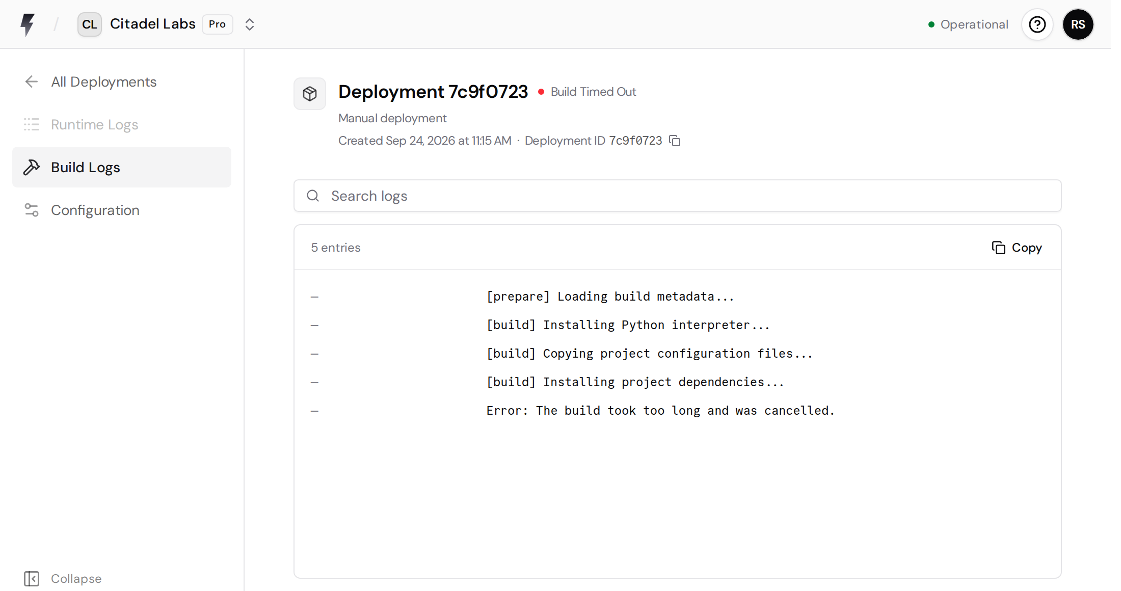 Deployment with Build Logs selected, a build timeout error, and Runtime Logs unavailable